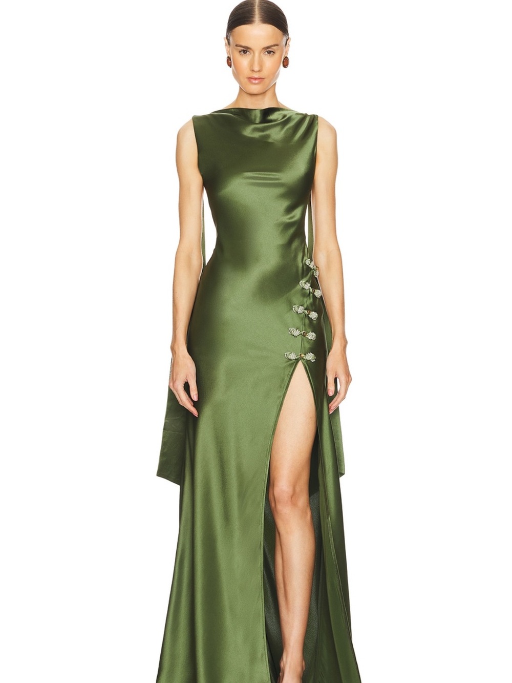 Olive Green Satin Backless Evening Gown with Side Slit